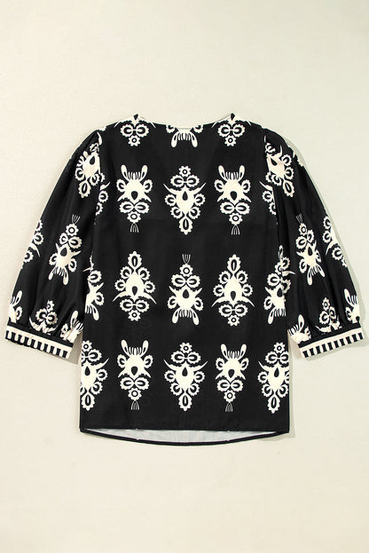 Zwarte vintage geometrisch bedrukte 3/4 mouw V-hals blouse