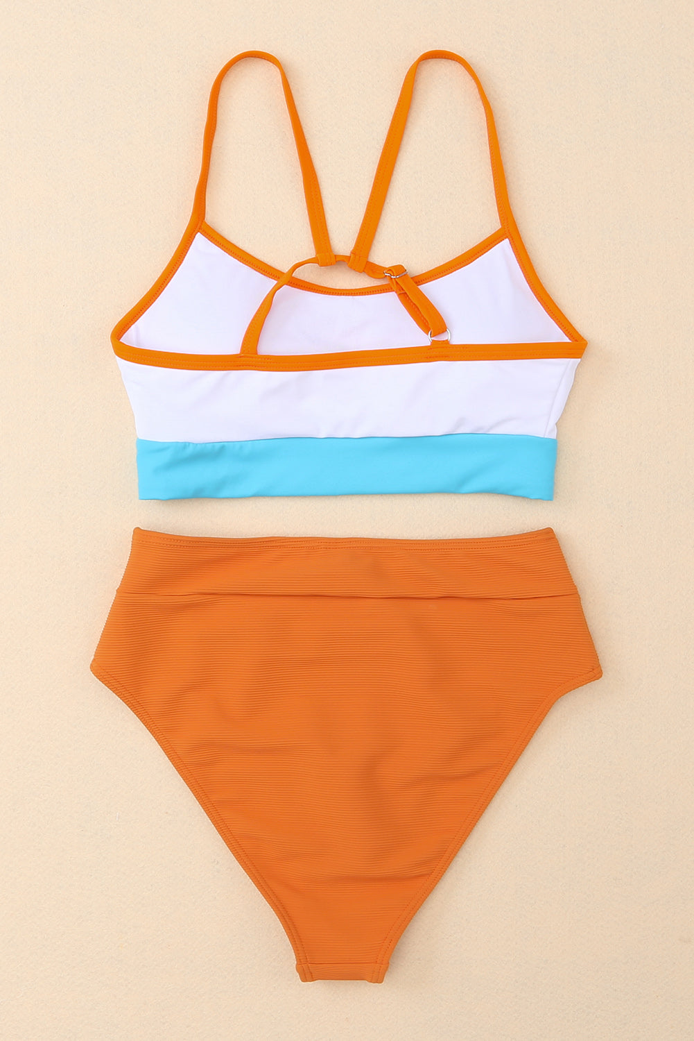 Orange Color Block Spaghetti Strap High Waist Bikini Swimsuit