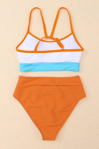 Orange Color Block Spaghetti Strap High Waist Bikini Swimsuit