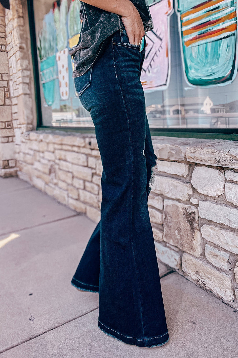 Echte Teal High Rise Ripped Bell Bottom Jeans