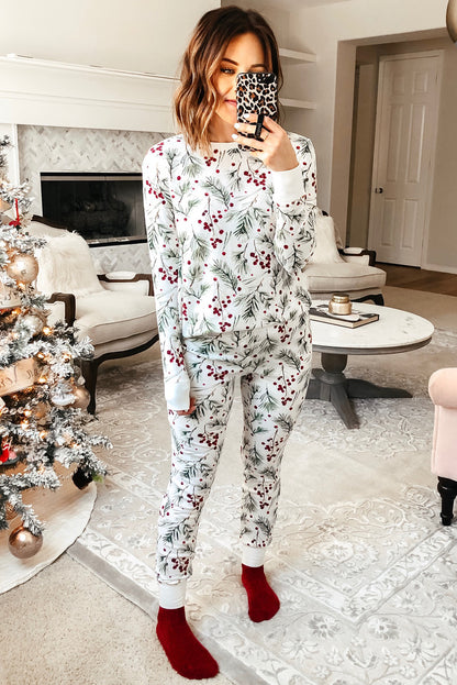 Witte Holly Print Thermische Pullover Broek Loungeset