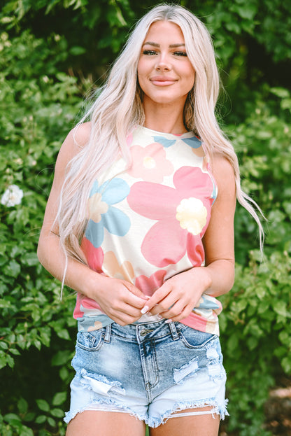 Roze mouwloze top met ronde hals en bloemenprint