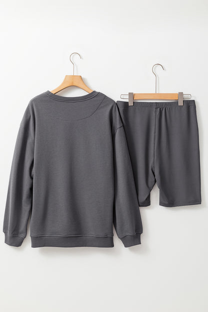 Dark Grey Solid Color Pullover and Skinny Shorts Two Piece Set