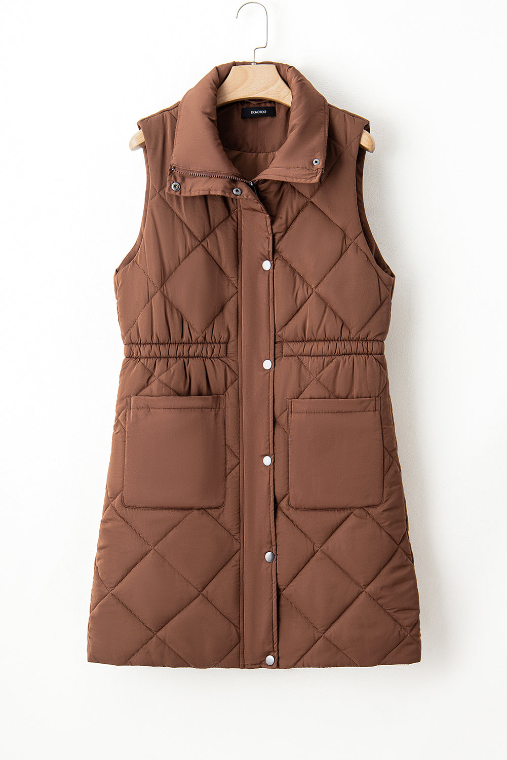 Koffie lang gewatteerd opstaand kraag puffer vest