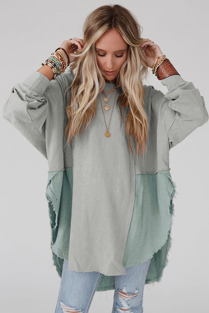 Camel Crinkle Splicing Raw Hem High Low Oversized Blouse