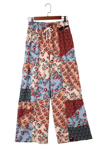 Gele Boho Patchwork Print Trekkoord Wijde Broek