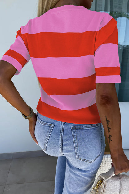 Bright Pink Colorblock Striped Knitted T shirt