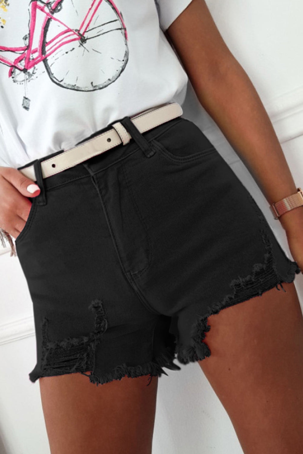 Rose Solid Color Distressed Denim Shorts