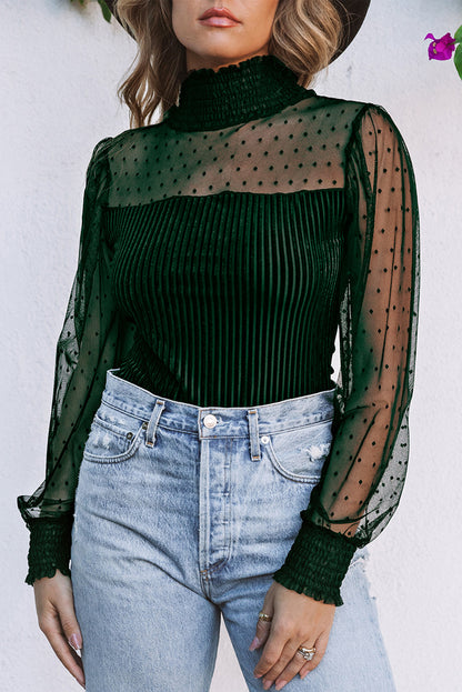 Black Sheer Dotty Long Sleeve Ribbed Velvet Bodysuit