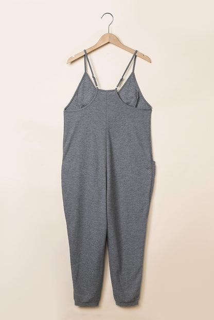 Grijze, getextureerde, mouwloze, V-hals, casual jumpsuit met zakken