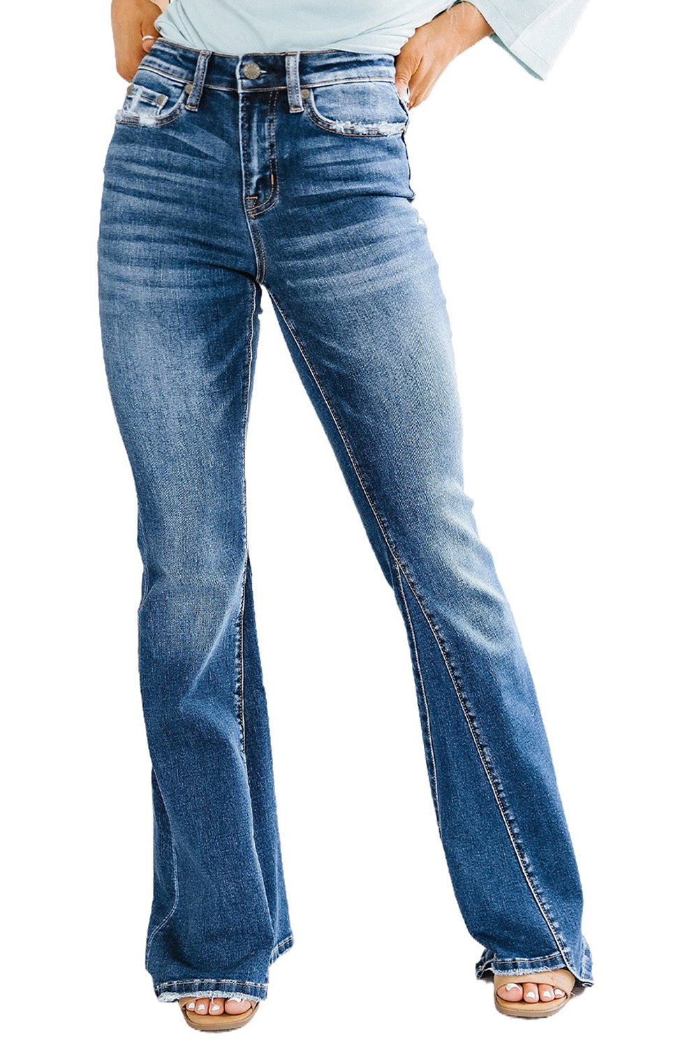 Hemelsblauwe medium wash high rise flare jeans