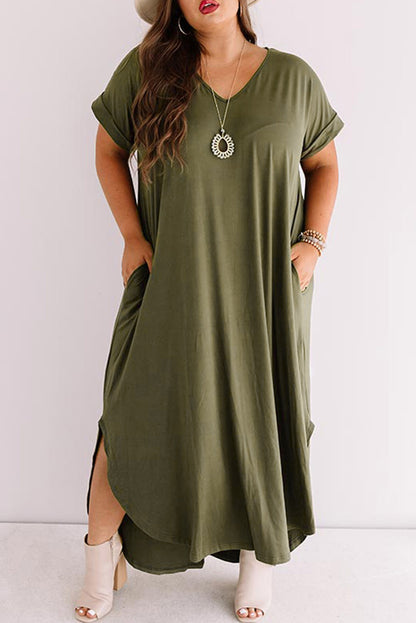 Groene Plus Size V-hals Gerolde Manchetten Maxi-jurk