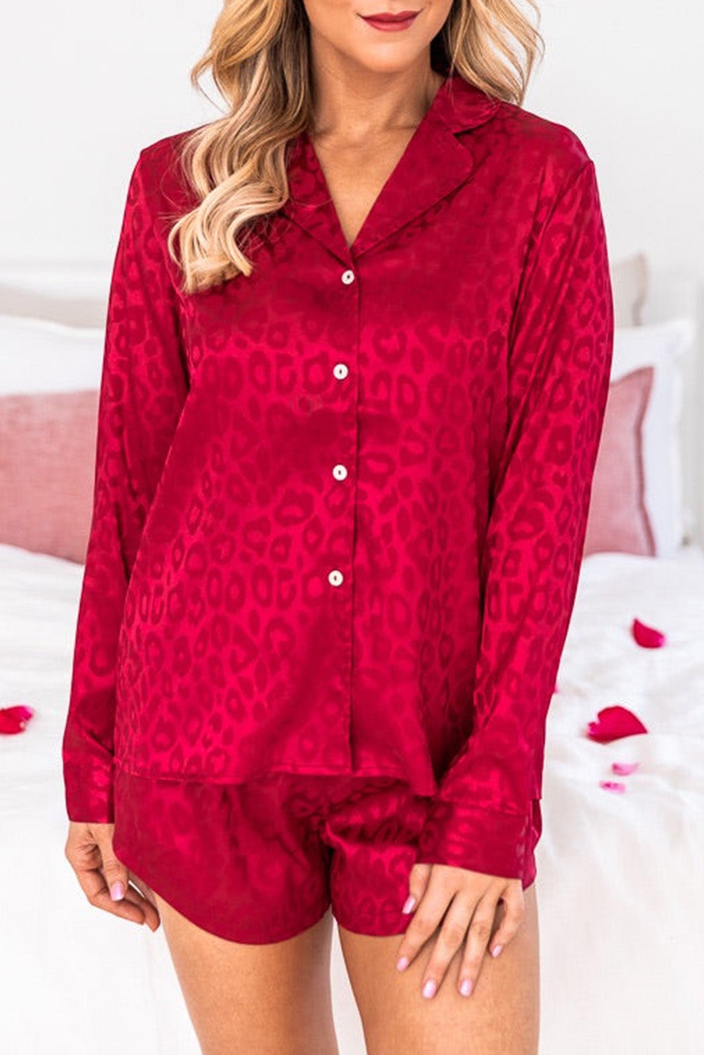 Fiery Red 2pcs Satin Leopard Long Sleeve Top and Shorts Lounge Set