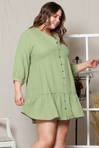 Groene getextureerde geplooide geknoopte V-hals plus-size mini-jurk