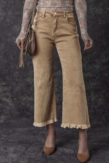 Lichte Franse beige acid washed high rise cropped wijde pijp jeans