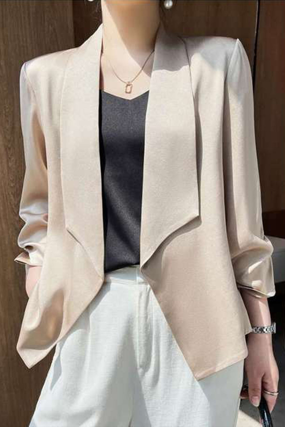 Black Solid Lapel Collar Satin Blazer