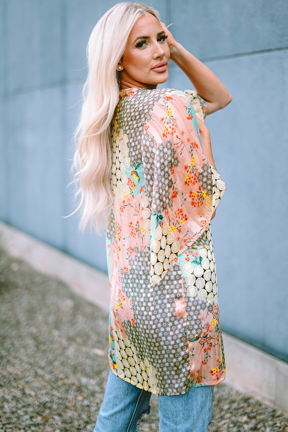 Multicolor Floral Open Sheer Shimmer Kimono