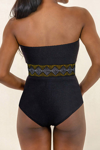 Zwarte geometrische bandjes hoge taille strapless badpak uit één stuk