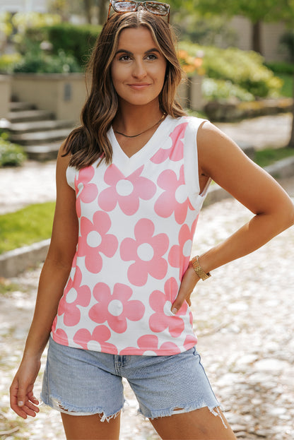 Roze schattige bloem gebreide tanktop met V-hals