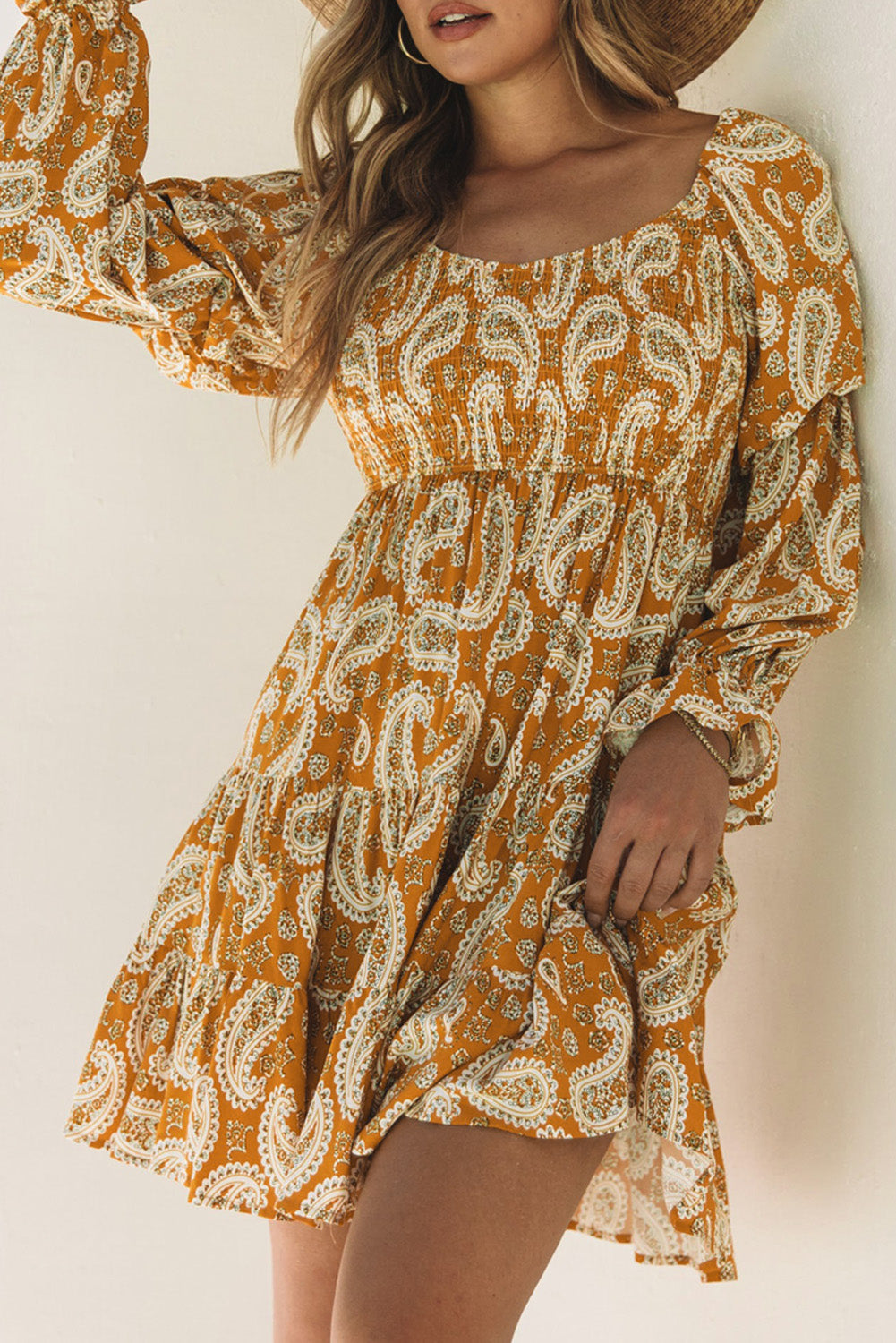 Yellow Boho Paisley Long Sleeve Floral Dress