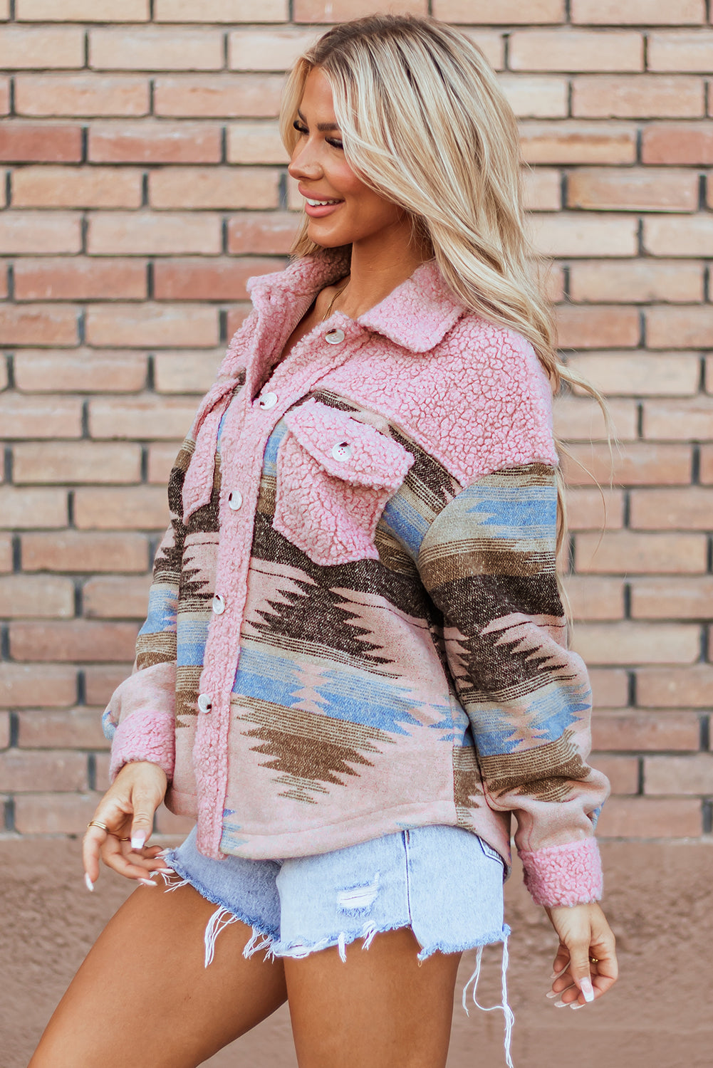 Roze Western Aztec Print Sherpa Splicing Geknoopte Jas met Klepzakken