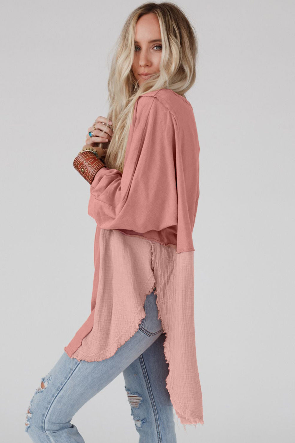 Camel Crinkle Splicing Raw Hem High Low Oversized Blouse