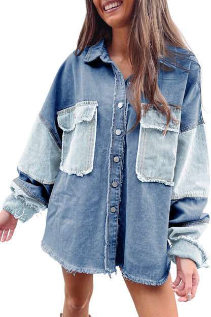 Blauwe kleurblok gerafeld patchwork oversized denim jack