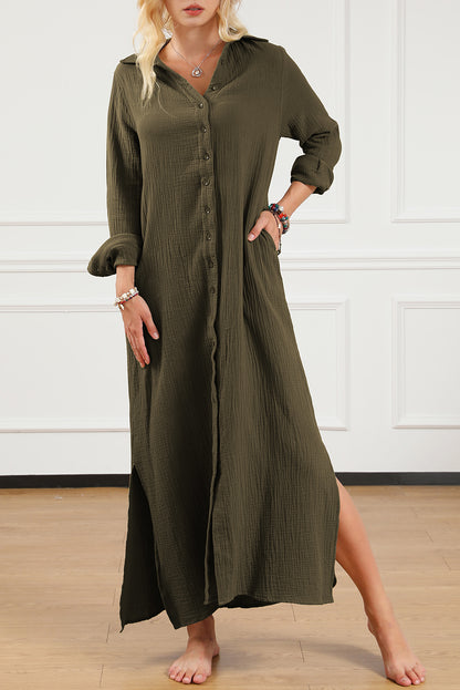 Groene gekreukte, casual split-shirt maxi-jurk met knopen