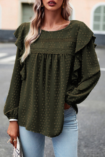 Zwartgroene kanten blouse met ruches op de schouder en lange mouwen