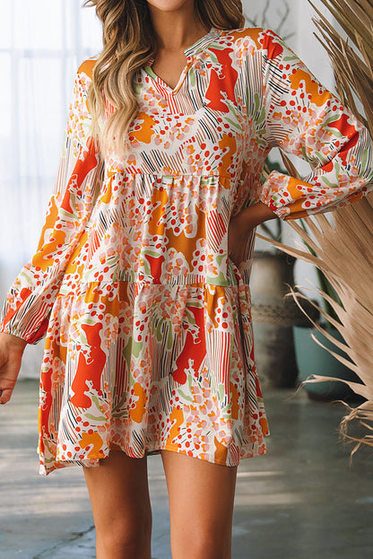 Multicolour Split Neck Puff Sleeve Flowy Print Jurk