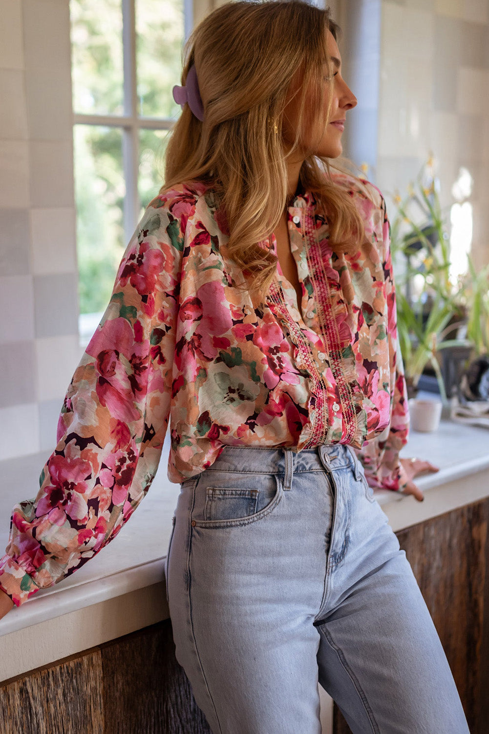 Red Floral Print Ruffled Stitch Buttoned Loose Fit Shirt