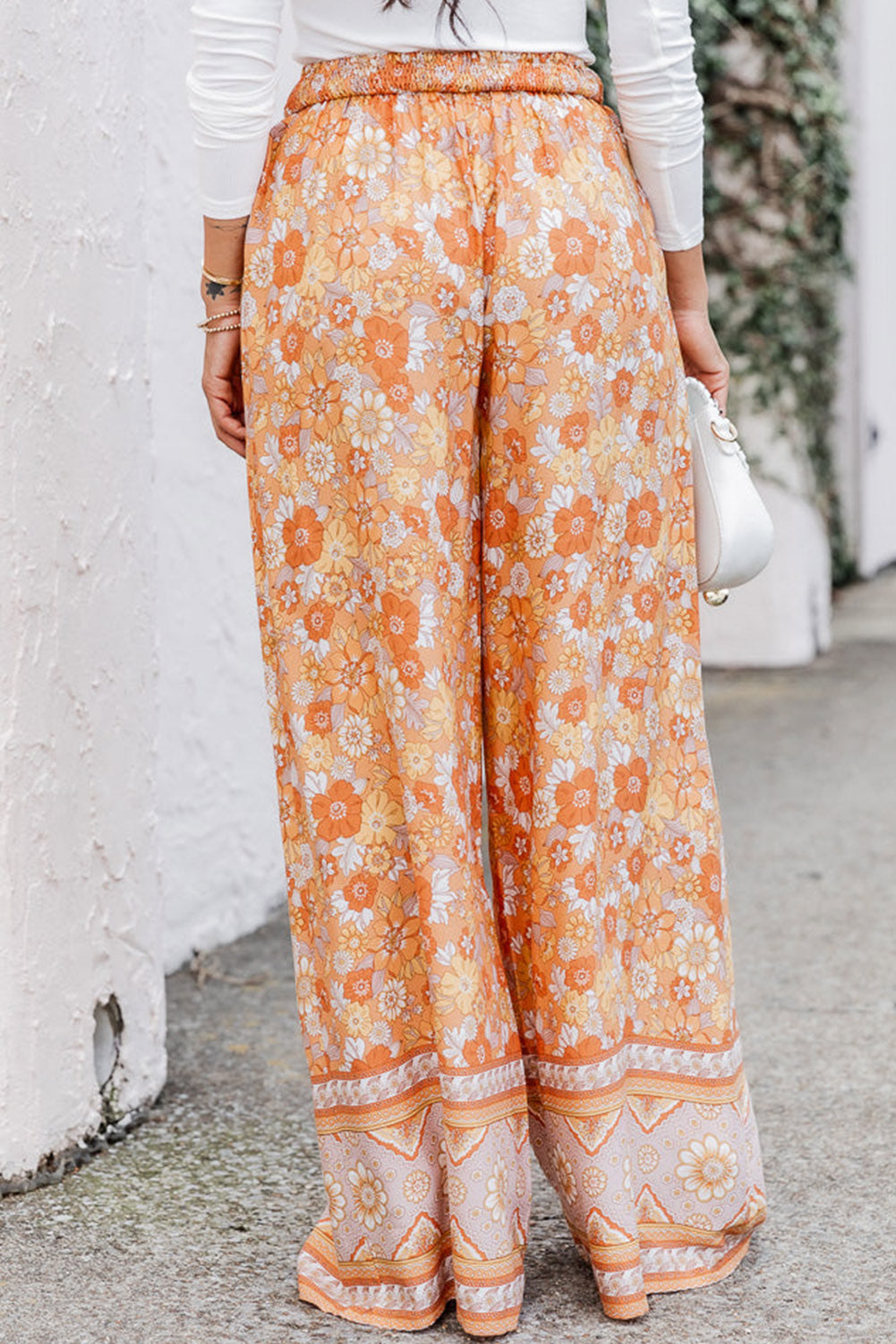 Grapefruit Oranje Strik Taille Boho Bloemen Wijde Pijp Broek