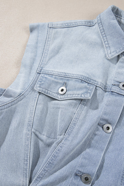 Lichtblauwe Acid Wash Klepzakken Gerafelde Denim Jurk