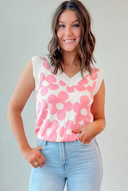 Roze schattige bloem gebreide tanktop met V-hals