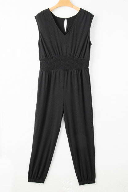 Zwarte Plus Smokwerk Hoge Taille Mouwloze V-hals Jumpsuit