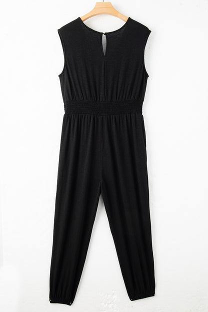 Zwarte Plus Smokwerk Hoge Taille Mouwloze V-hals Jumpsuit