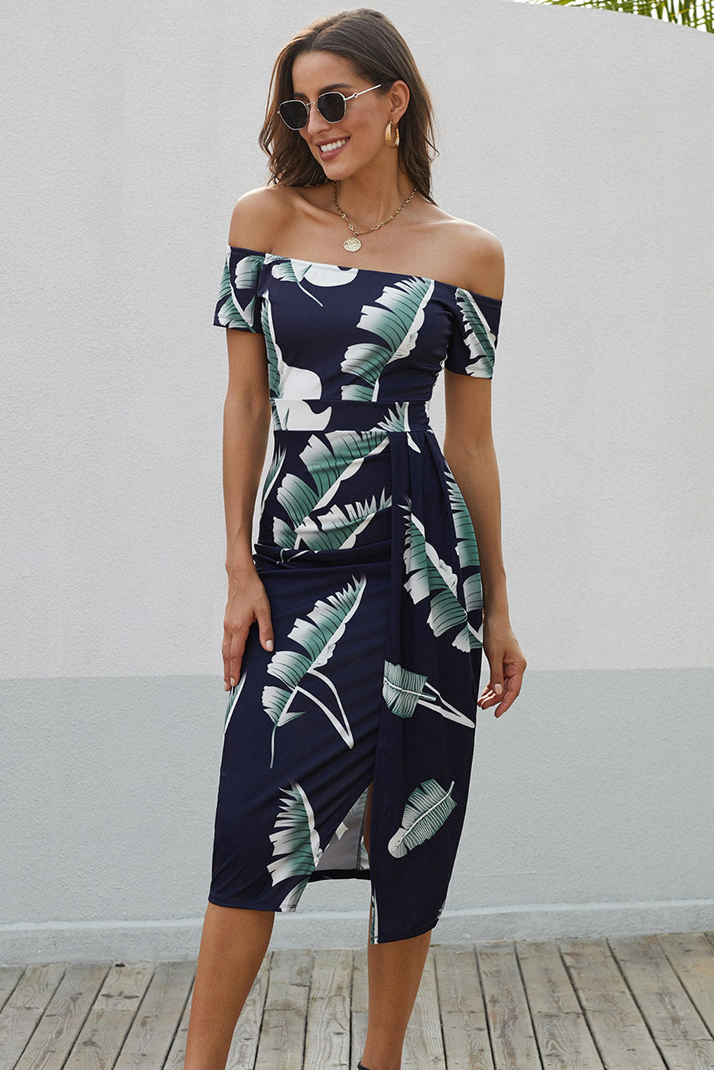 Zwarte patroonprint off shoulder split bodycon midi-jurk