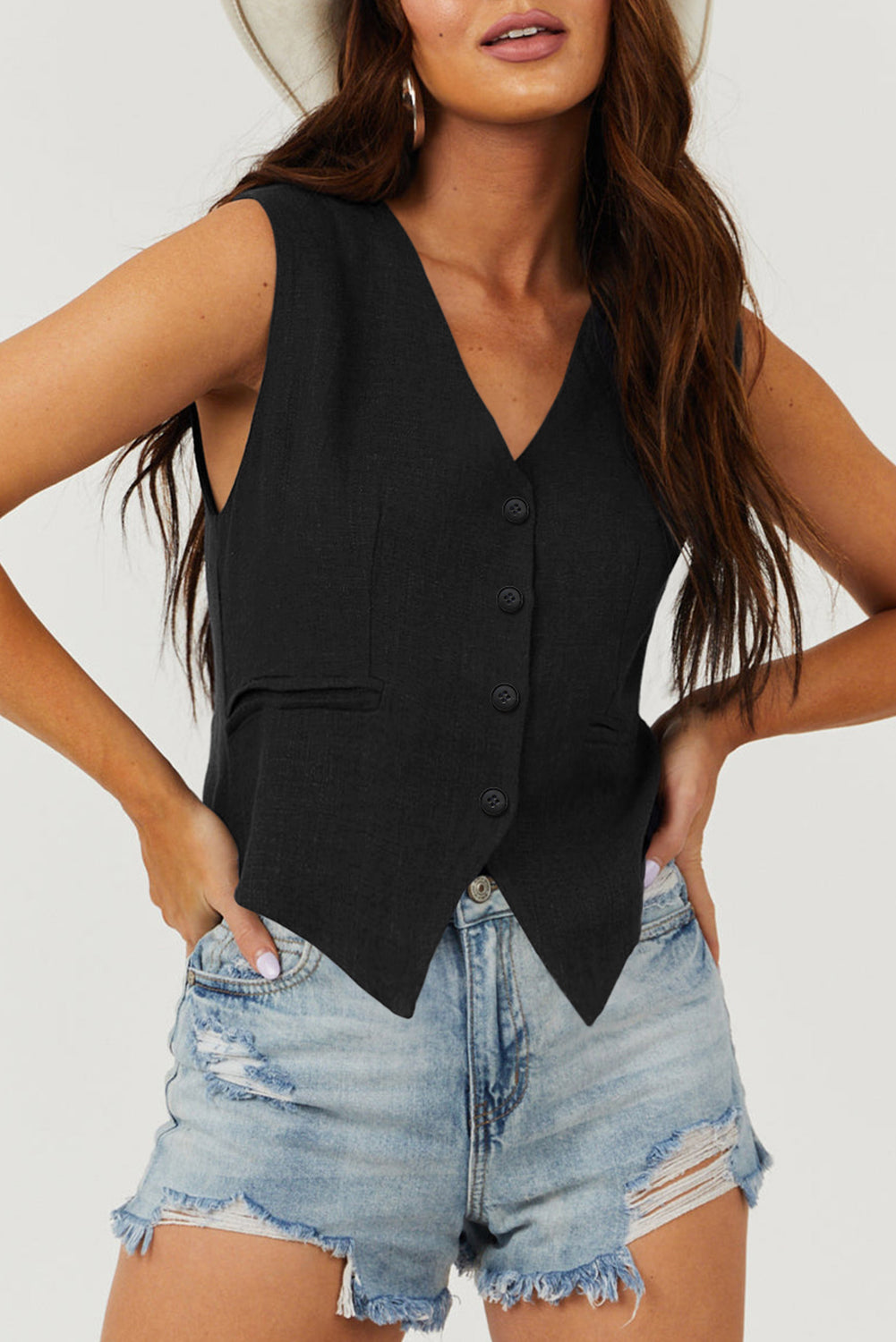 Wit effen kleur knoopsluiting V-hals pak vest