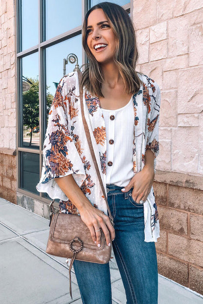 White Floral Print Open Front Bell Sleeve kimono