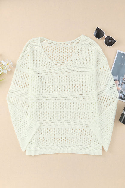 Witte Hollow Out Crochet V-hals Pullover Trui