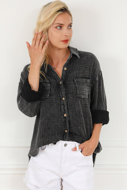 Black Mineral Wash Crinkle Textured Chest Pockets Shirt