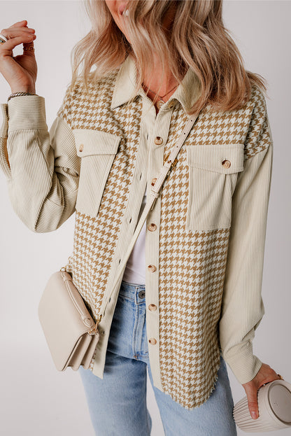 Perkamenten Houndstooth Corduroy Patchwork Flap Pocket Shacket