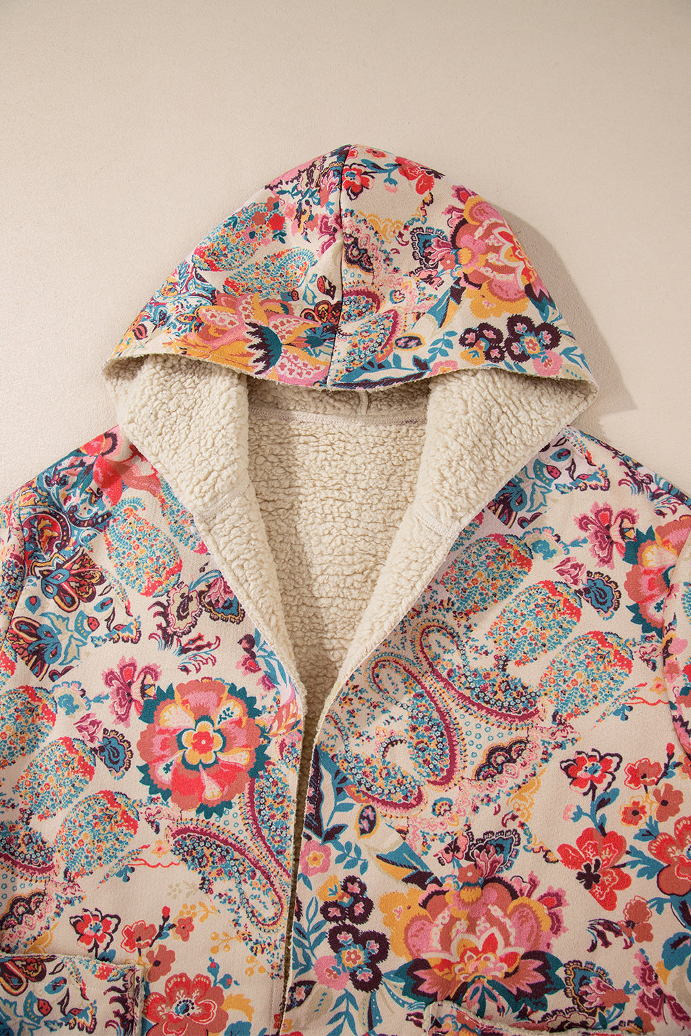 Beige Vintage Paisley Bloemenprint Sherpa Gevoerde Capuchon Jas