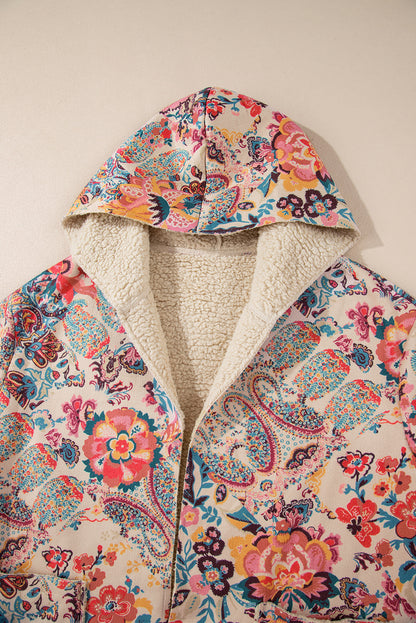 Beige Vintage Paisley Bloemenprint Sherpa Gevoerde Capuchon Jas