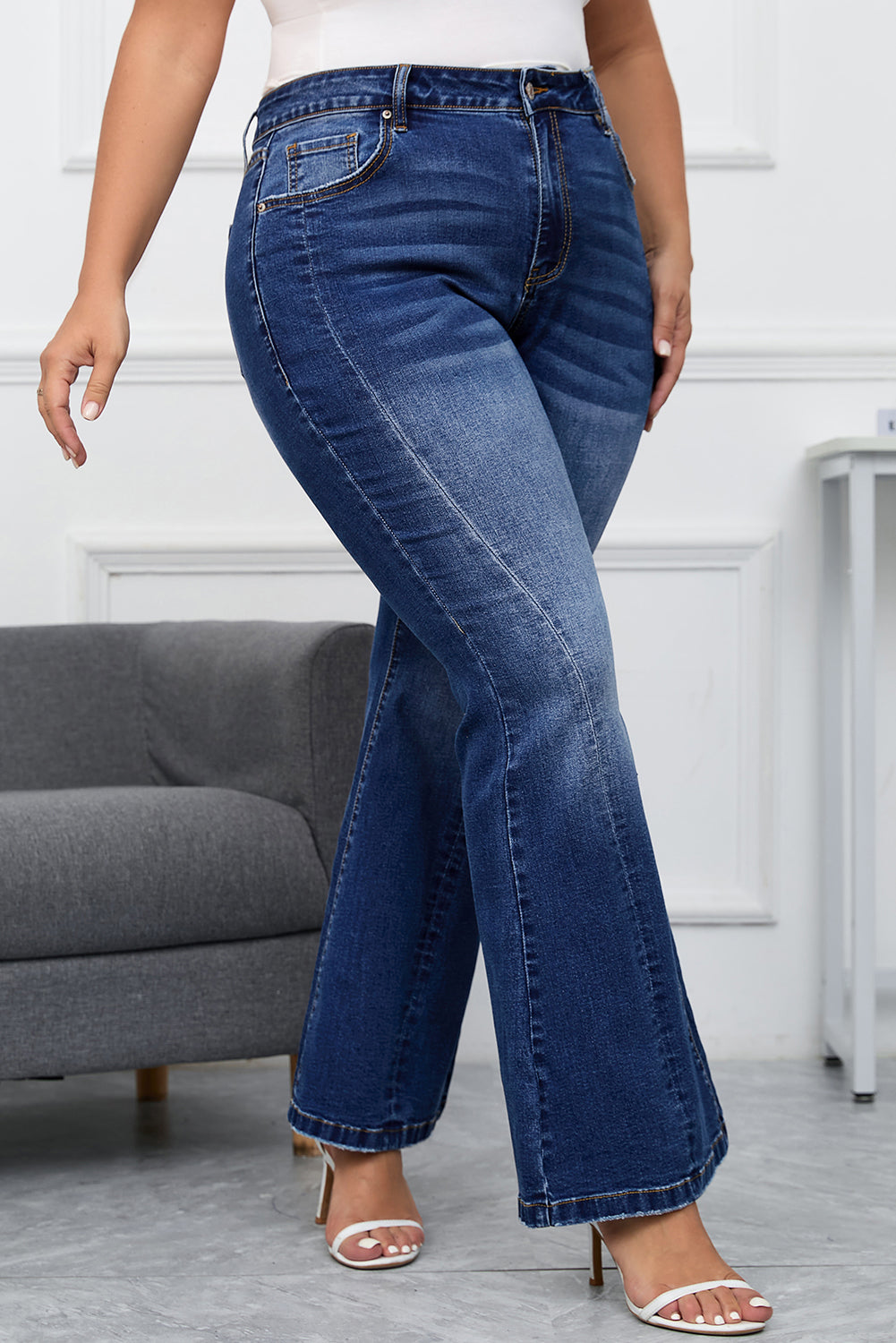 Donkerblauwe Plus Size Gestikte Gewassen Flare Jeans