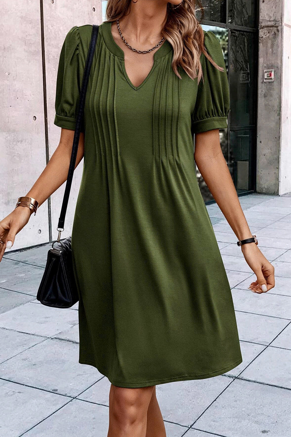 Desert Palm Notched Neck Pleated Puff Sleeve Shift T-shirt Dress