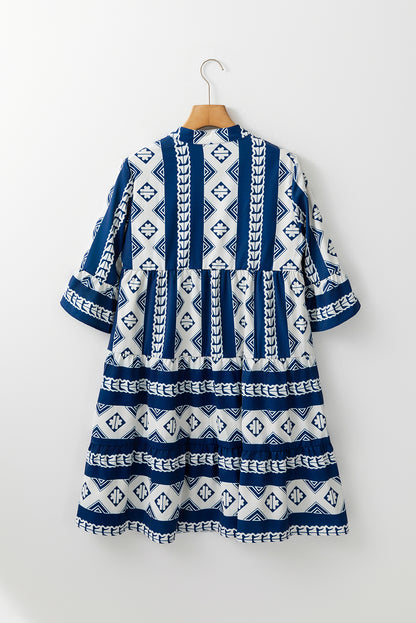 Blue Geometric Print V Neck Ruffled Dress