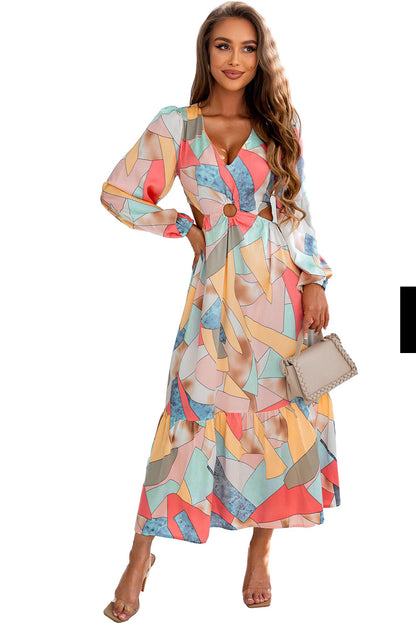 Multicolor Abstract Print O-ring Uitgesneden Lange Mouw Maxi Jurk