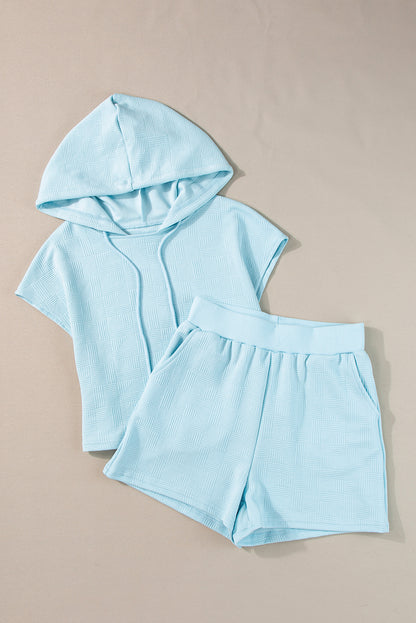 Witte getextureerde cropped hoodie en shorts set