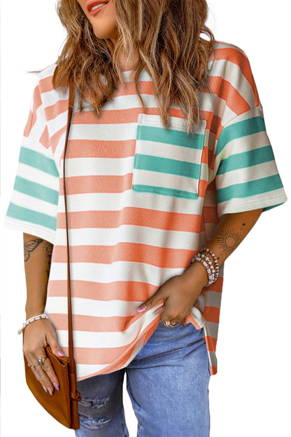 Roze streep contrast patch zak drop mouw T-shirt